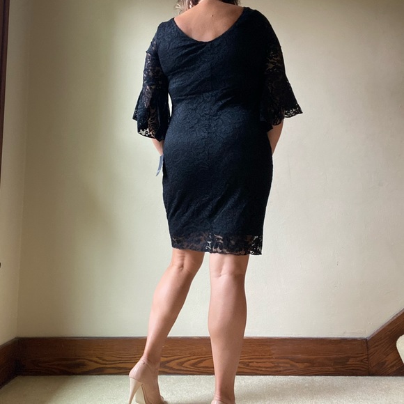 Marina stretch black lace sheath dress bell sleeve lined sheer wedding party - Picture 3 of 8